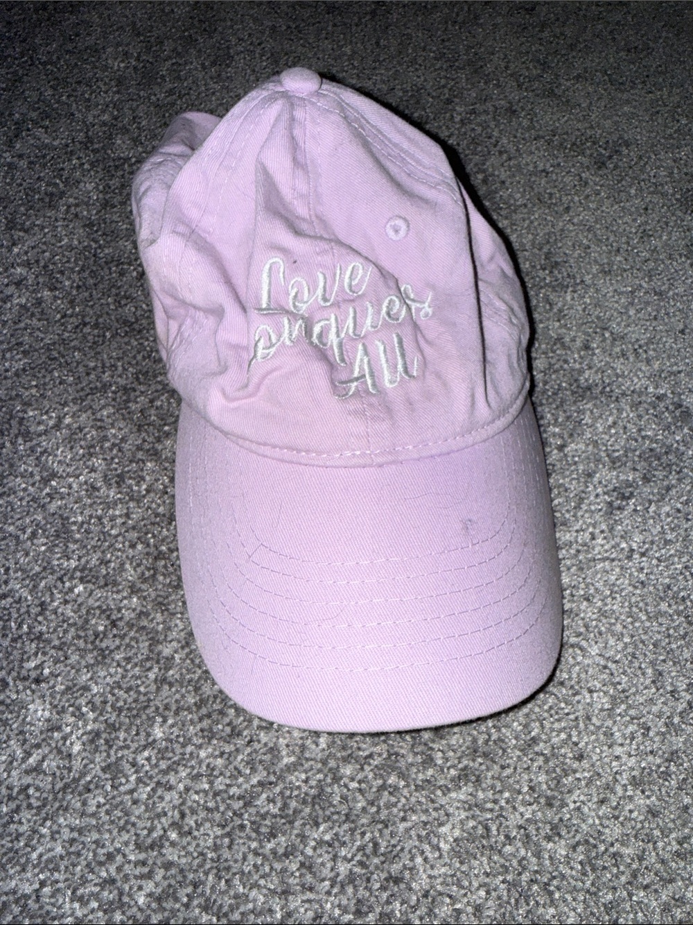 Express Light Pink "Love Conquers All" Embroidered Baseball Cap
